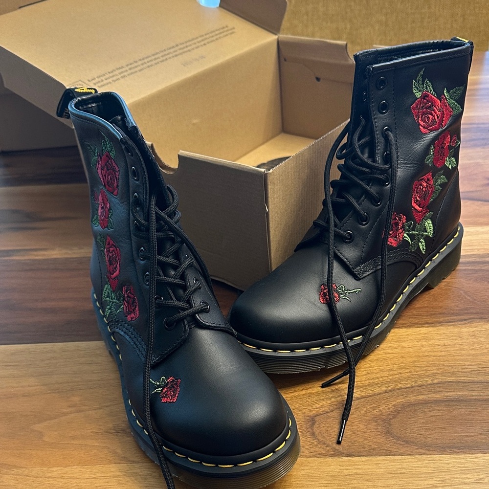 Dr. Martens Black Boots with Red Rose Embroidery